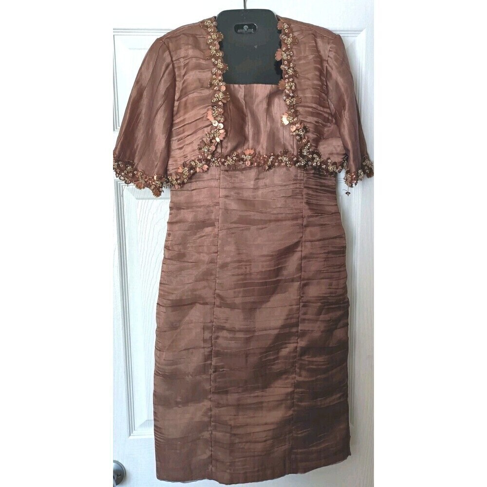 Victor Costa 2-Piece Sheath Dress  Jacket Sz 4 Brown  Shimmer Beaded Semi Formal